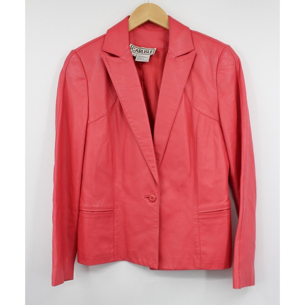 Vintage Carlisle Leather Coat Womens 4 Single Button 80's Pink Collar Jacket